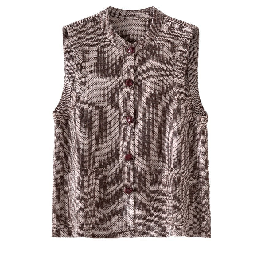 Dam ärmlös Textured Knit väst med Round Neckline, knappslå och utanpåfickor