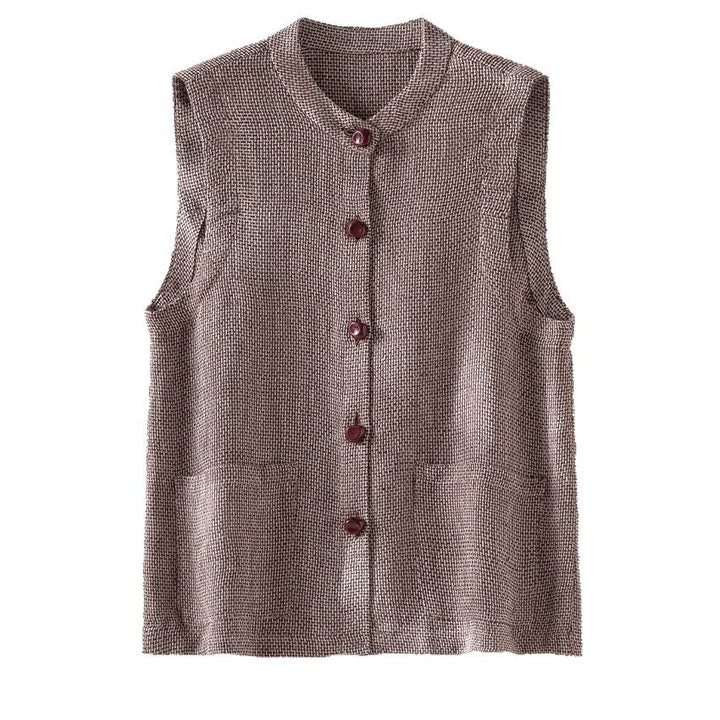 Dam ärmlös Textured Knit väst med Round Neckline, knappslå och utanpåfickor