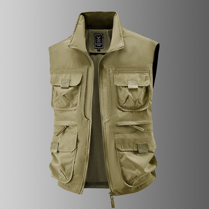 Herr Multi-Pocket Utility Väst med Hög Krage, Dragkedja och Mesh Foder
