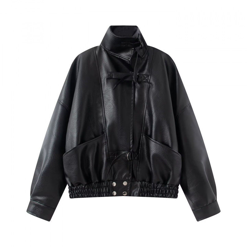 Dam 10+ Tailored Kort Faux Läder Blouson med Belt, Elastic Nederkant, och Lock Fickor