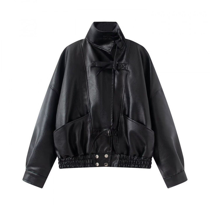 Dam 10+ Tailored Kort Faux Läder Blouson med Belt, Elastic Nederkant, och Lock Fickor