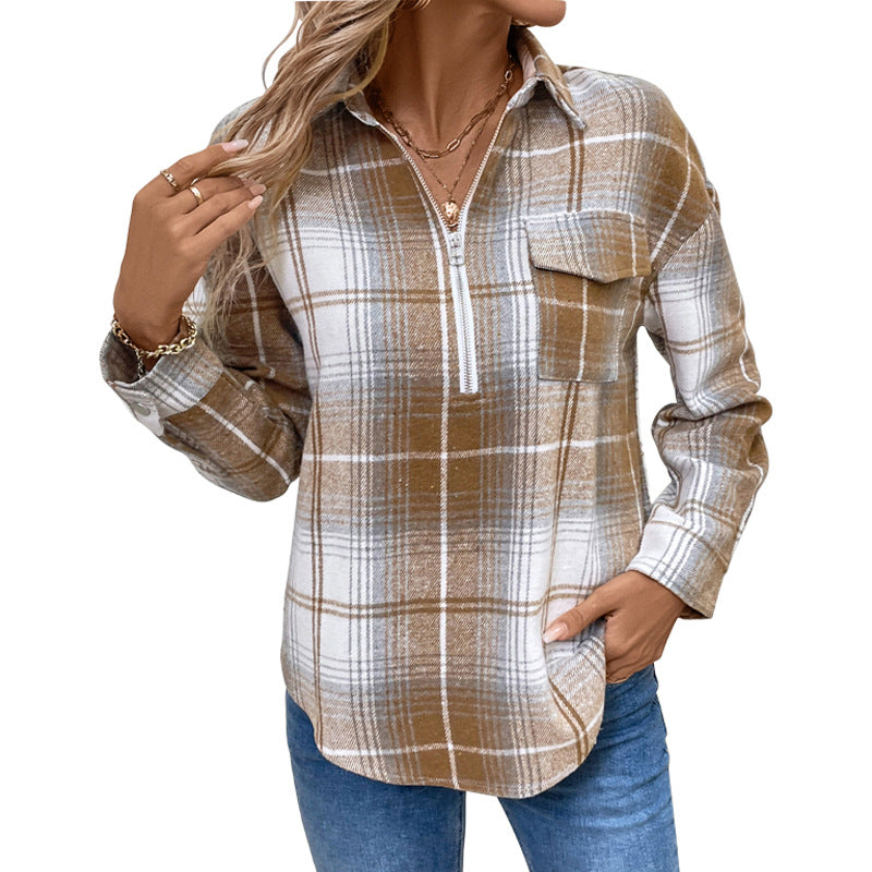Dam Oversize Check Half-dragkedja Shirt Blouse tillverkad av Flannel med applied Chest Pocket