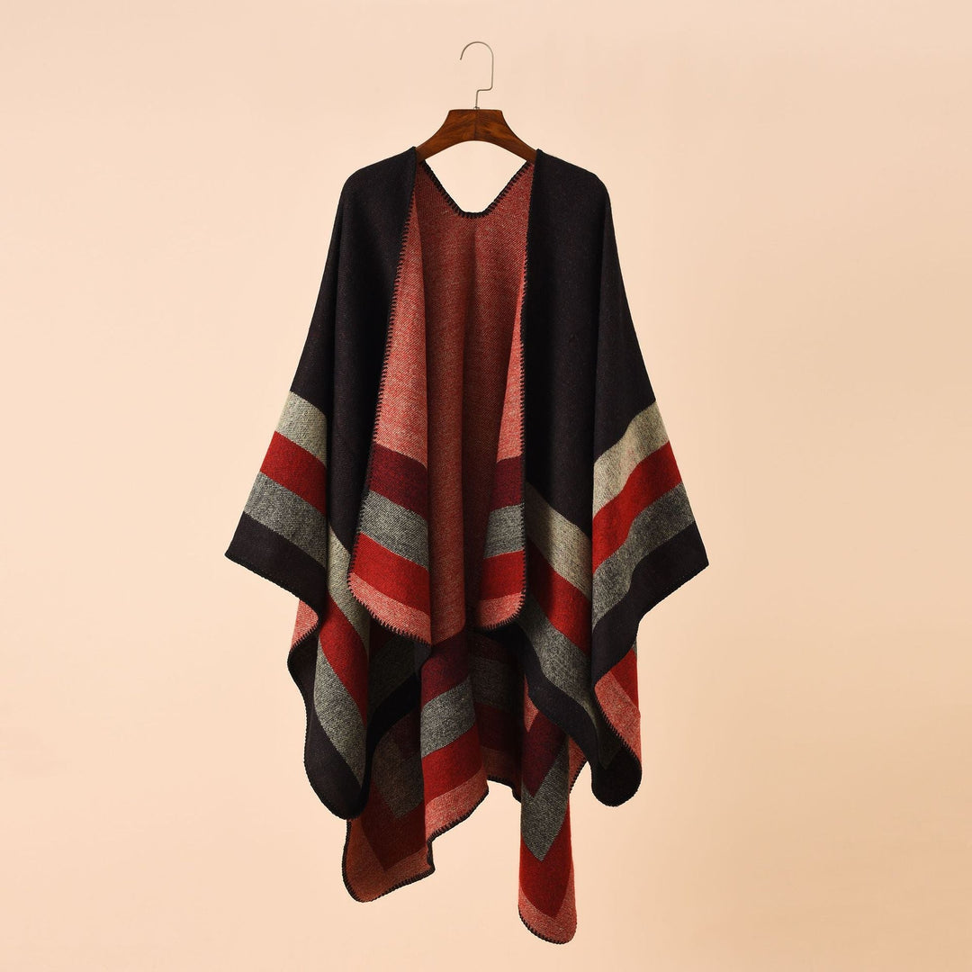 Dam ull-look poncho med asymmetrical block stripes och decorative stitch edge