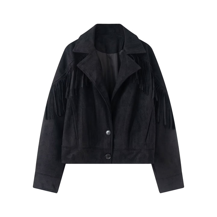 Dam Kort Suede Imitation Jacka med Fringes och Lapel Krage