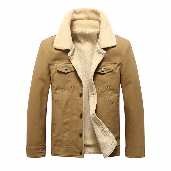 Herr Sherpa-Lined Canvas Trucker Jacka med Faux Fur Krage och Utility Fickor