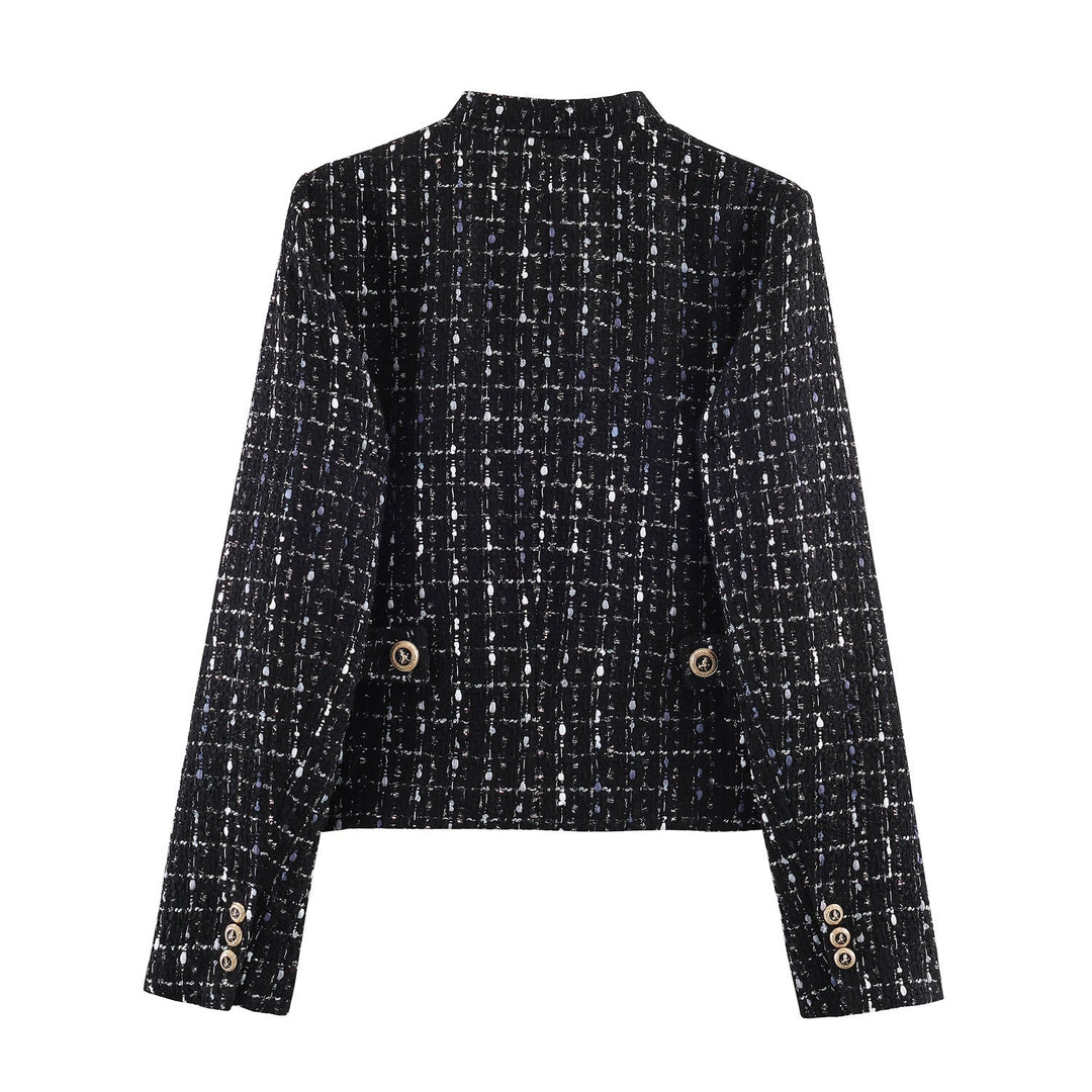 Dam avslappnad tweed jacka med ståkrage, decorative knappar, och påsydda fickor