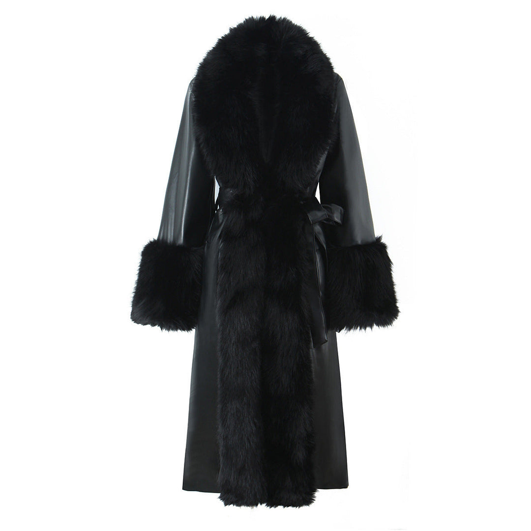 Dam lång konstläder kappa med vid faux fur krage och muddar