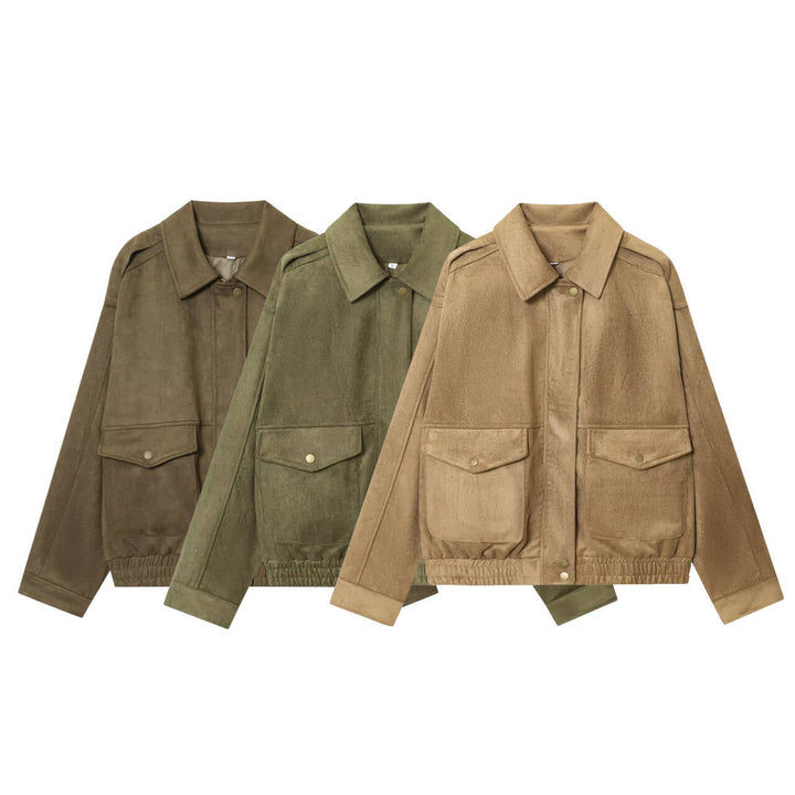 Dam 20+ Kort Suede Look Blouson Jacka med Lock Fickor och Elastic Waist