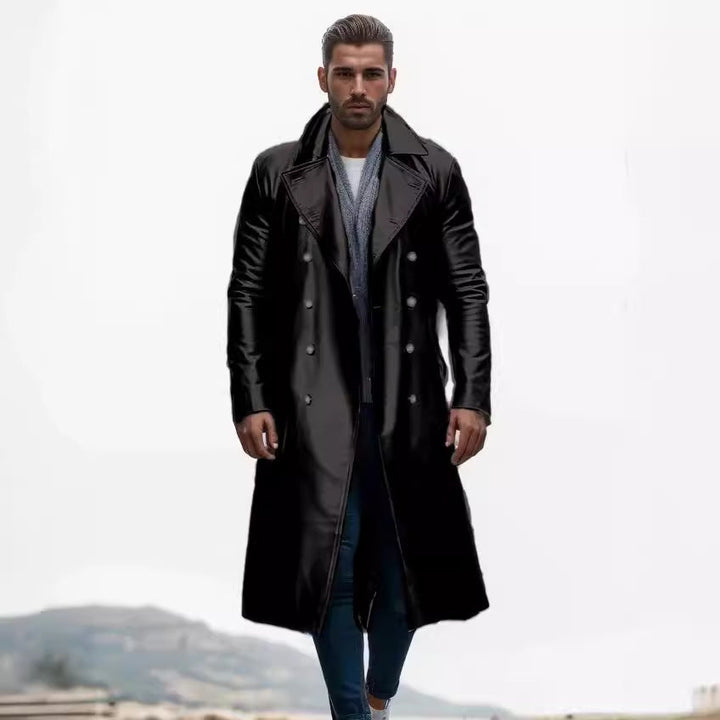 Herr Long Shiny Konstläder Trenchcoat med Dubbel Breasted och Särpräglad Lapel