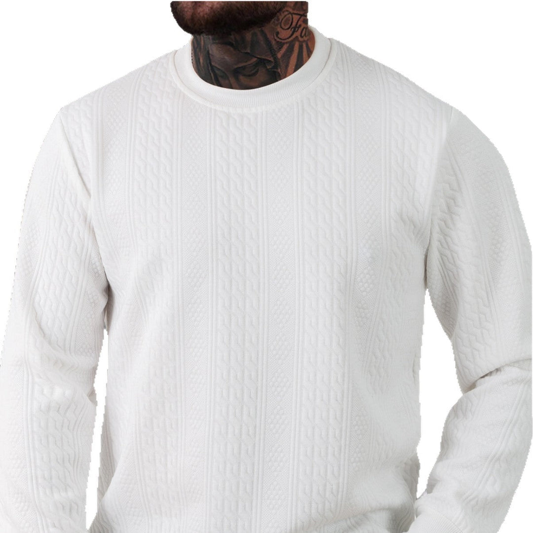 Herr Textured Round Neck College-Tröja med Fin Waffle Structure och Ribbstickade Muddar