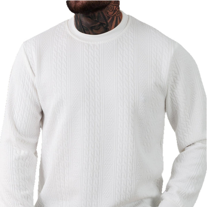 Herr Textured Round Neck College-Tröja med Fin Waffle Structure och Ribbstickade Muddar