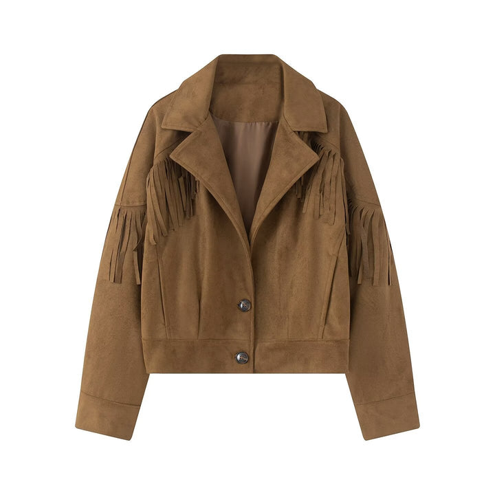 Dam Kort Suede Imitation Jacka med Fringes och Lapel Krage