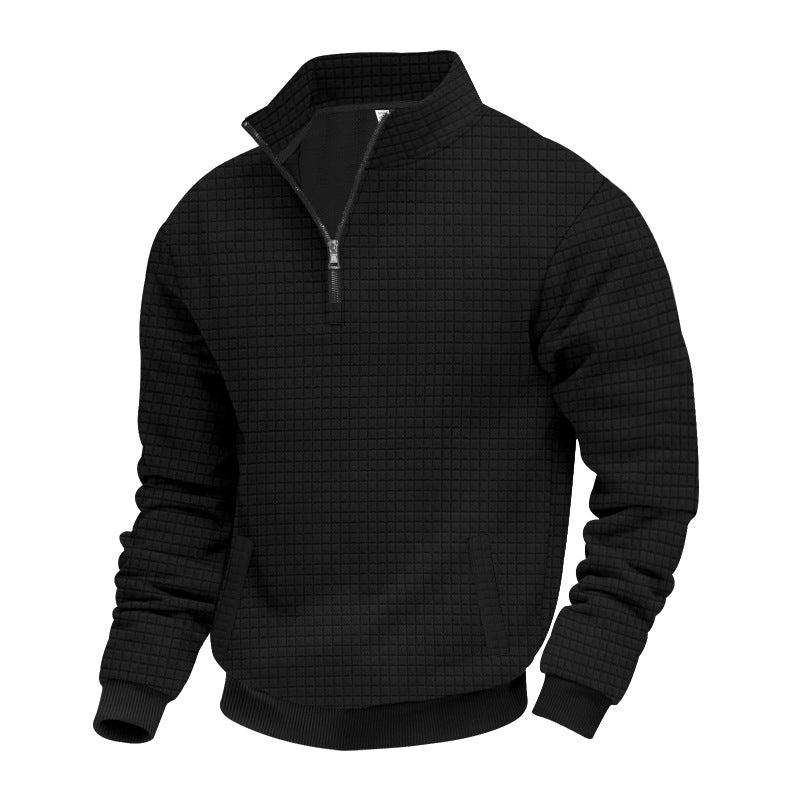 Herr Waffle Texture Halv Dragkedja Pullover med Ståkrage och Subtle Sidofickor
