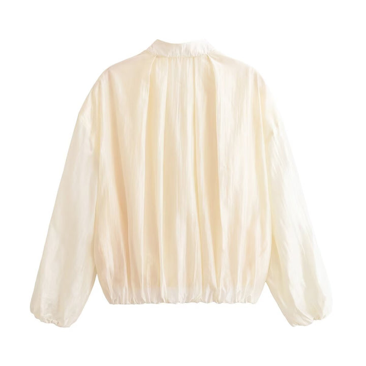 Dam Lätt Kort Blouson i Satin Look med Standing Krage och Elastic Nederkant