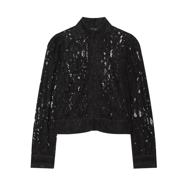 Dam Kort Lace Jacka med Stå Krage och Knapp Knäppning