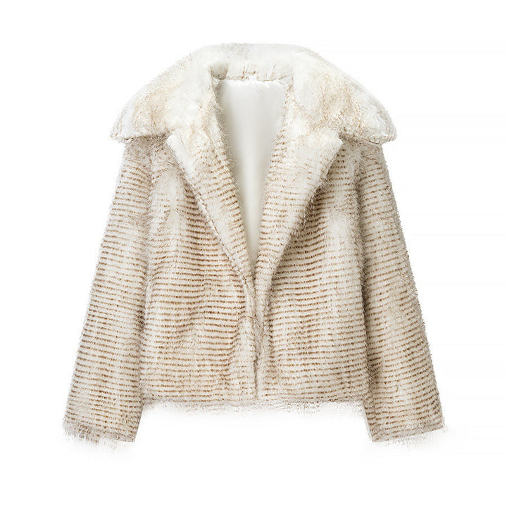 Dam Kort Faux Fur Jacka med Voluminous Ärmar och Round Neckline