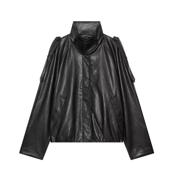 Dam Oversize Kort Jacka i Läderlook med Hög Standing Krage och Epaulettes