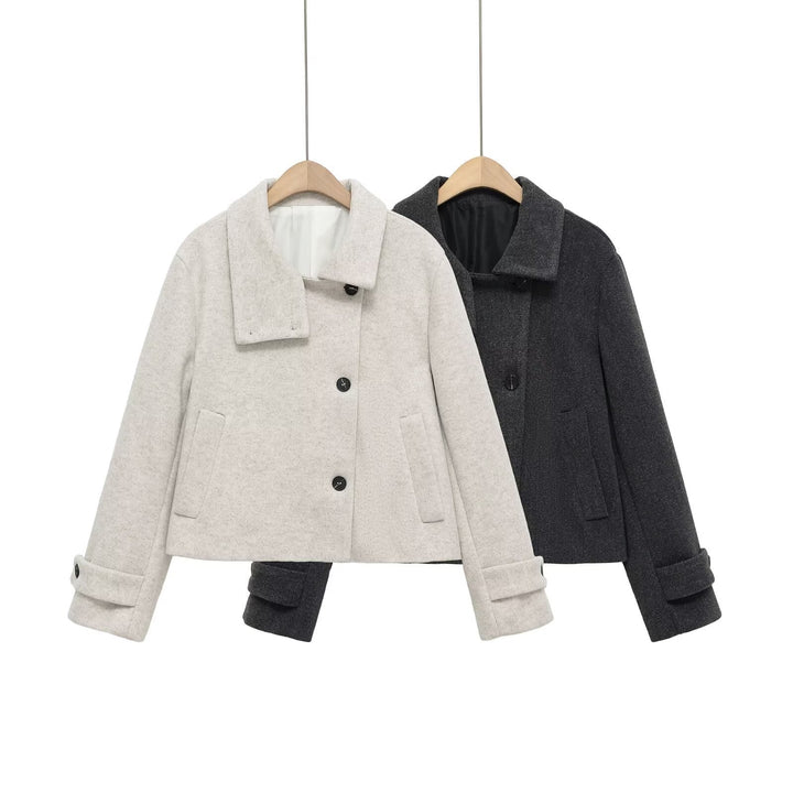 Dam Kort Ull Blend Jacka med Shawl Krage, Boxig Shape och Justerbar Muddar