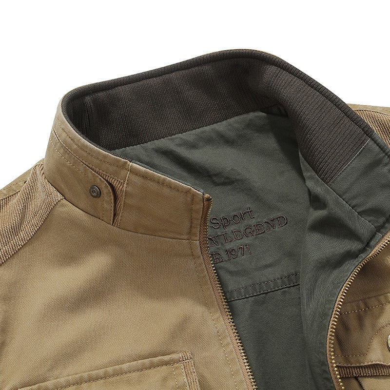 Herr Canvas Utility Väst med Flera Fickor Ståkrage och Dragkedja