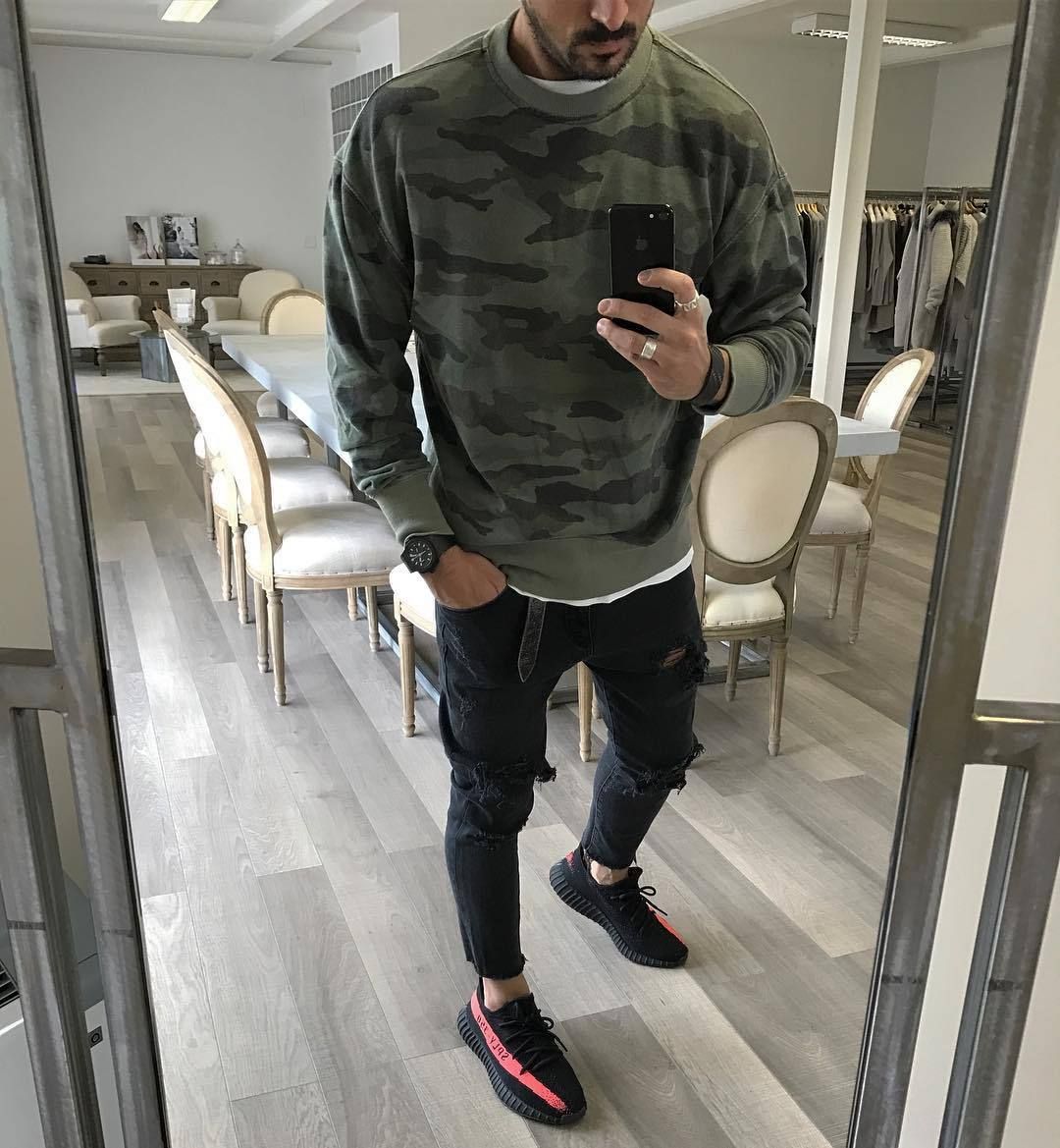 Herr Oversized Kamouflage College-Tröja med Crew Neck och Ribbstickade Muddar