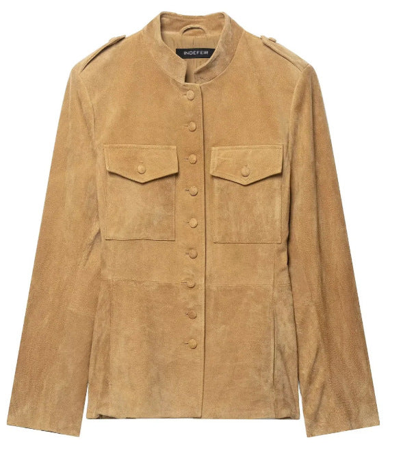 Dam Tailored Suede Jacka i Military Look med Stå Krage, Lock Fickor och Dold Knapp Knäppning