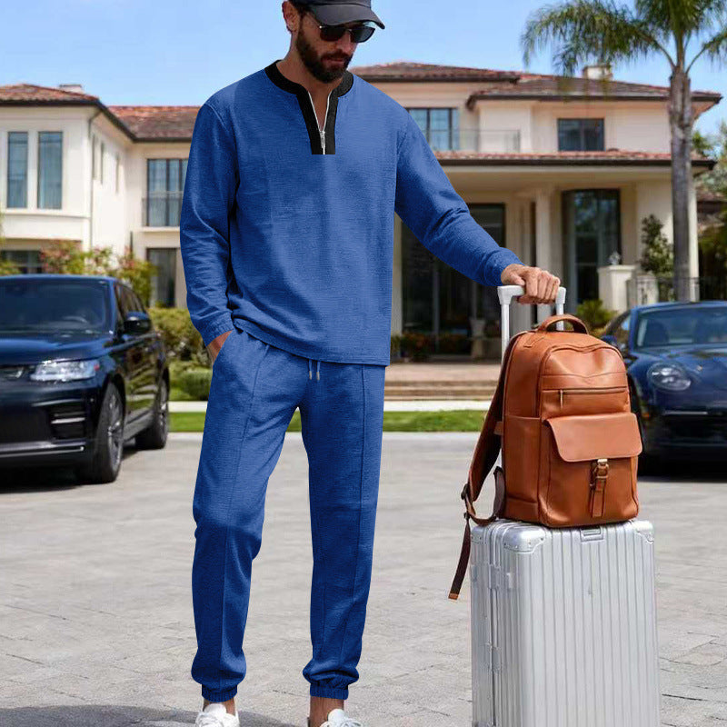 Herr Lätt Henley Loungewear Set med Contrast Krage, Dragsko Joggingbyxor och Elastiska Muddar
