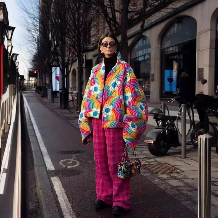 Dam kort oversize vadderad jacka med Colorful Rainbow Stripes och Flower Application