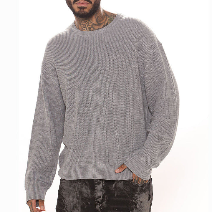 Herr Ledig Strukturerad Stickad Pullover med Round Neck och Drop Shoulders