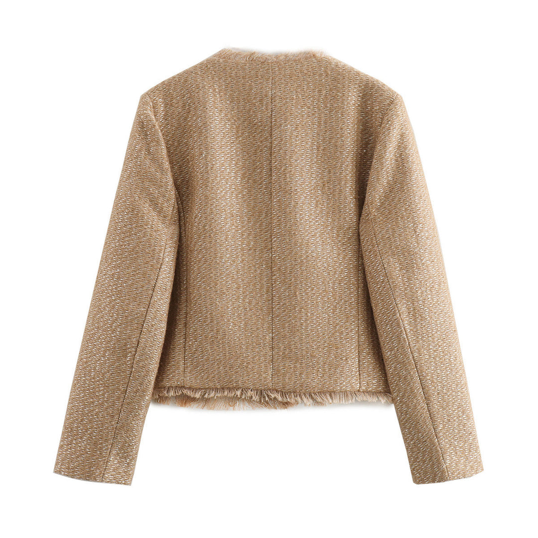 Dam kastiger Boucle blazer jacka med decorative braided knappar, påsydda fickor, och fringed fåll edge