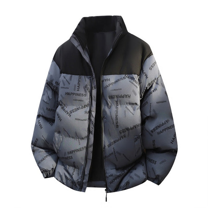 Unisex Oversize Vadderad Jacka med Allover Tryck, Stå Krage &amp; Drawstring Nederkant