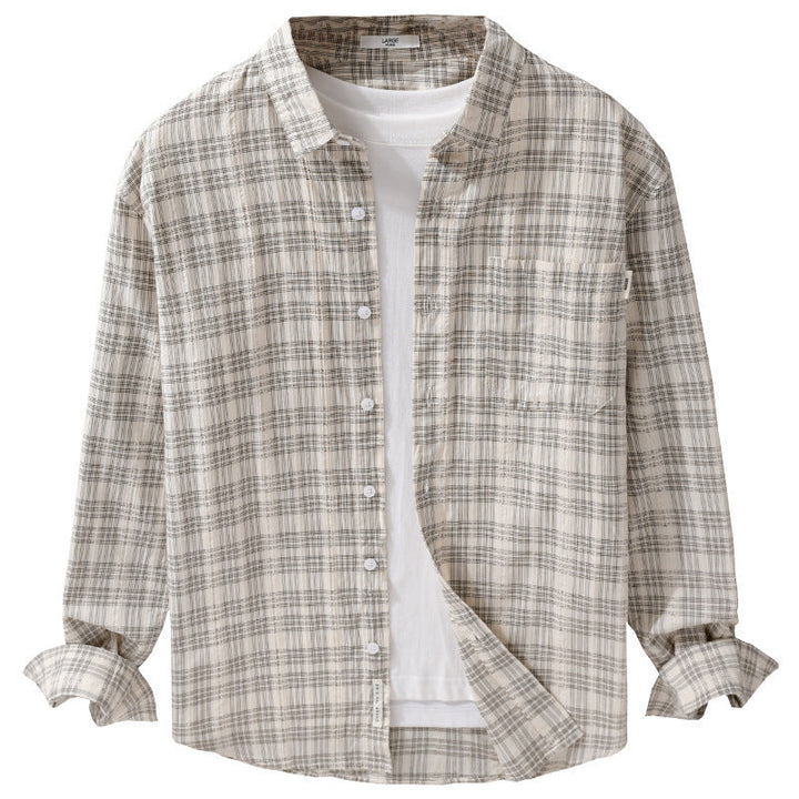 Herr Rutig Bomull Overshirt i Avslappnad Passform med Bröstficka och Soft-Touch