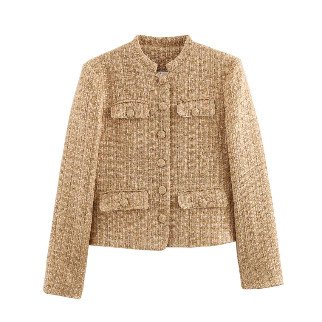 Dam figurnära bouclé tweed jacka med ståkrage och four decorative fickor
