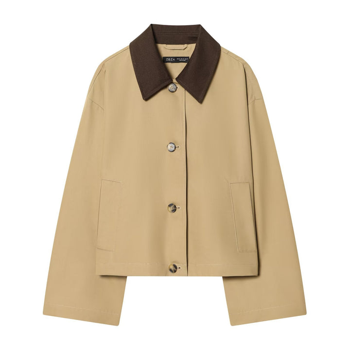 Dam Kort Oversize Harrington Jacka med Contrast Krage och Patch Fickor