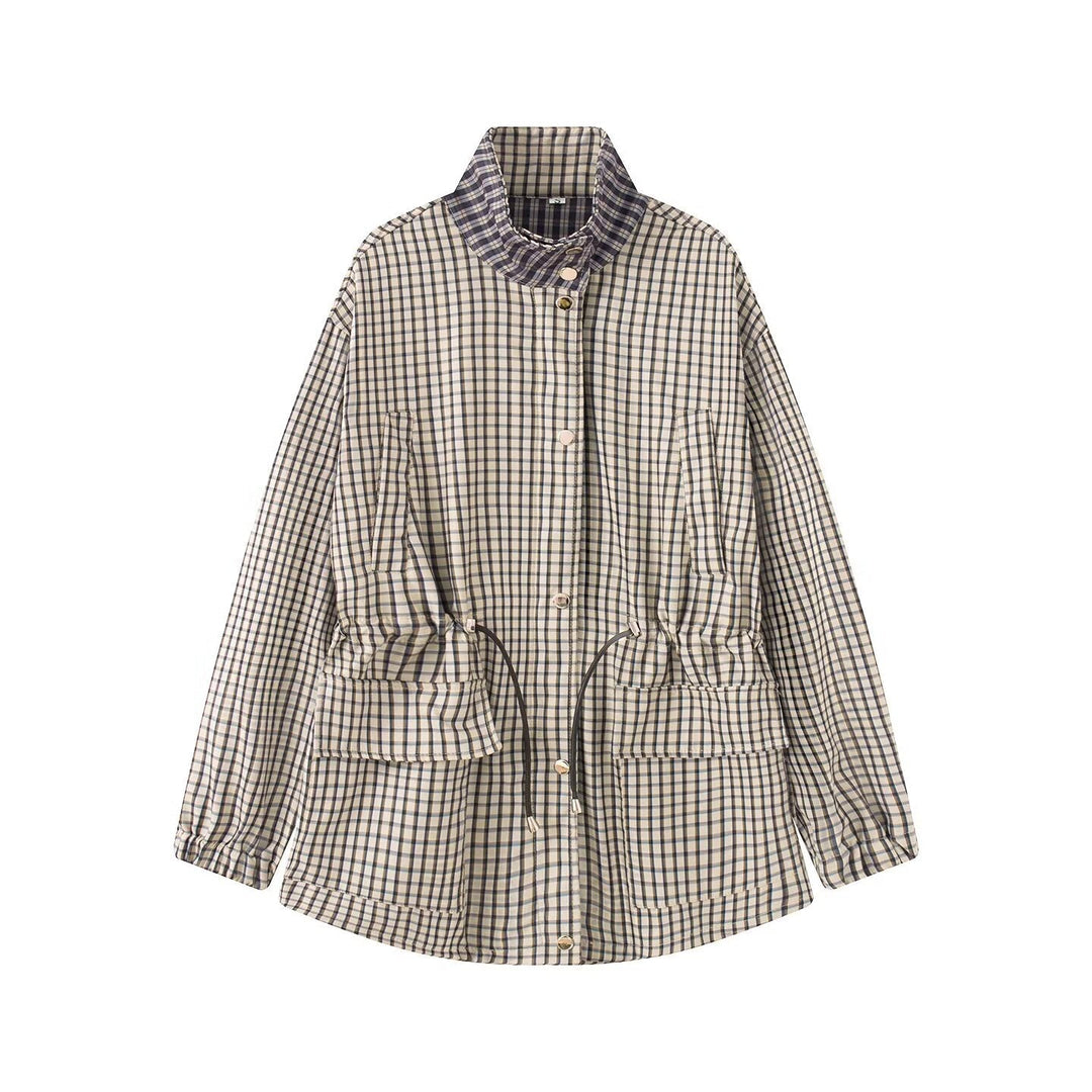 Dam Lätt Checked Parka Jacka med Drawstring Waist och Stå Krage