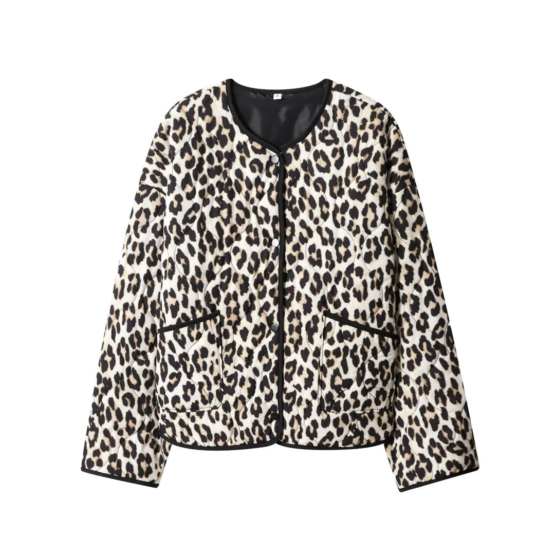 Dam non-quiltad kort jacka med djurprint, round neckline och snap knäppning