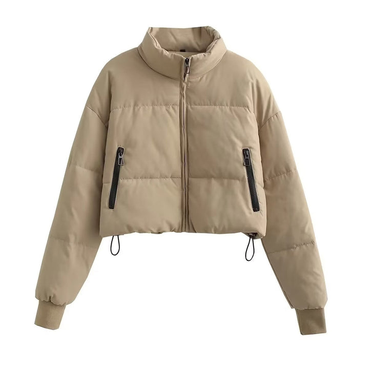 Dam nano cropped quiltad jacka med hög krage, elastiska muddar, och concealed drawstring