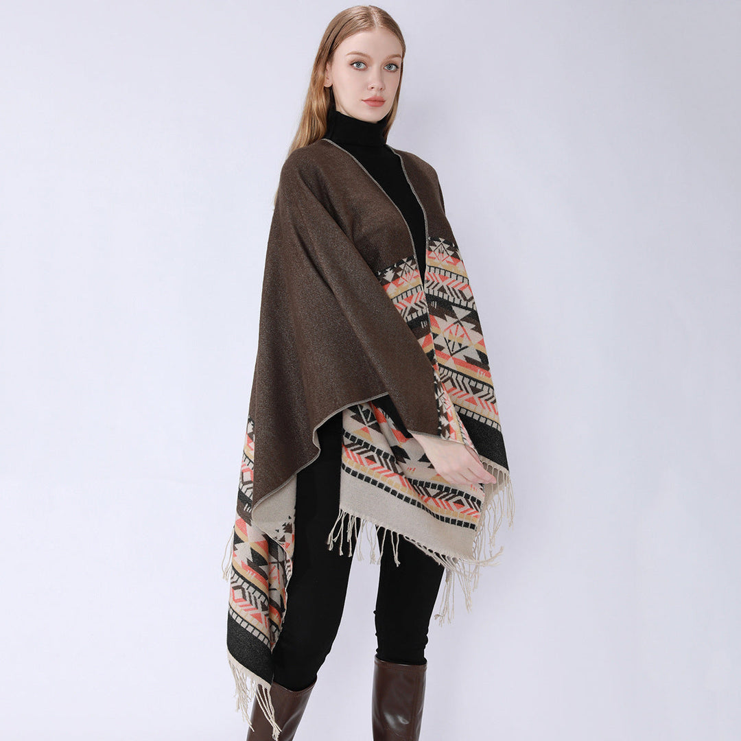 Dam V-krage Wrap poncho i kimono stil med Ethno kant och fransfåll