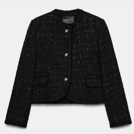 Dam Kort Kort Bouclé Tweed Blazer med Rounded Edges, Golden Dekorativ Knappar och Patch Fickor