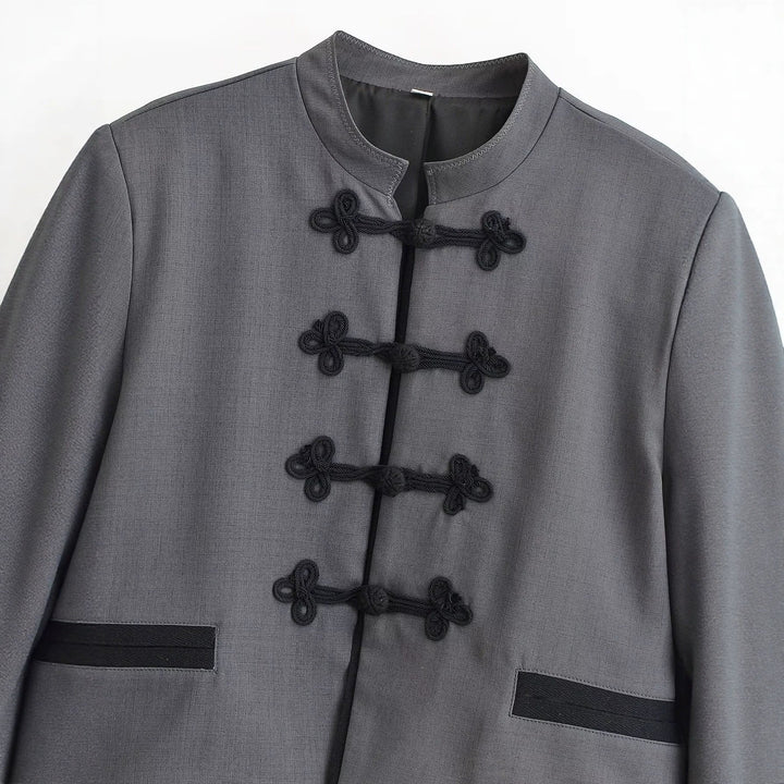 Dam Kort Jacka med Mandarin Krage och Dekorativ Knot Closures