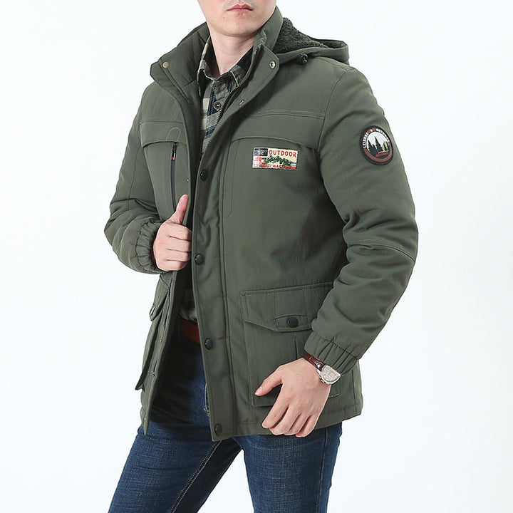 Herr Vindtät med Huva Parka med Teddy Foder, Multiple Fickor och Lapp Detaljer