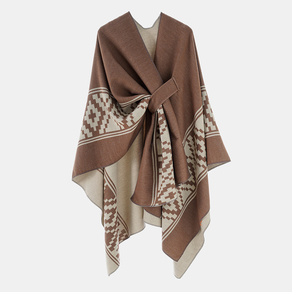 Dam Jacquard Ruana med TIE bälte och geometric mönster