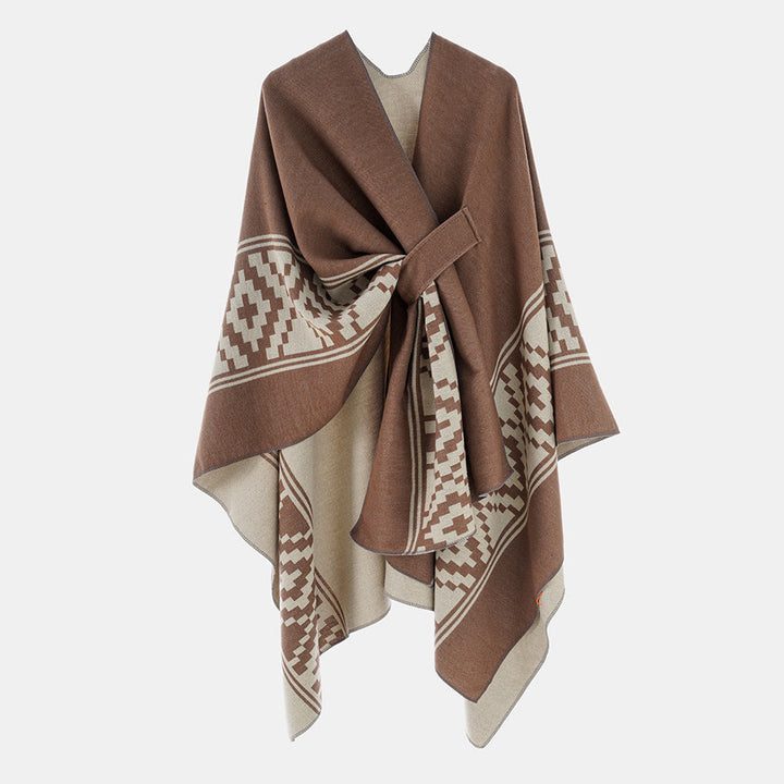 Dam Jacquard Ruana med TIE bälte och geometric mönster