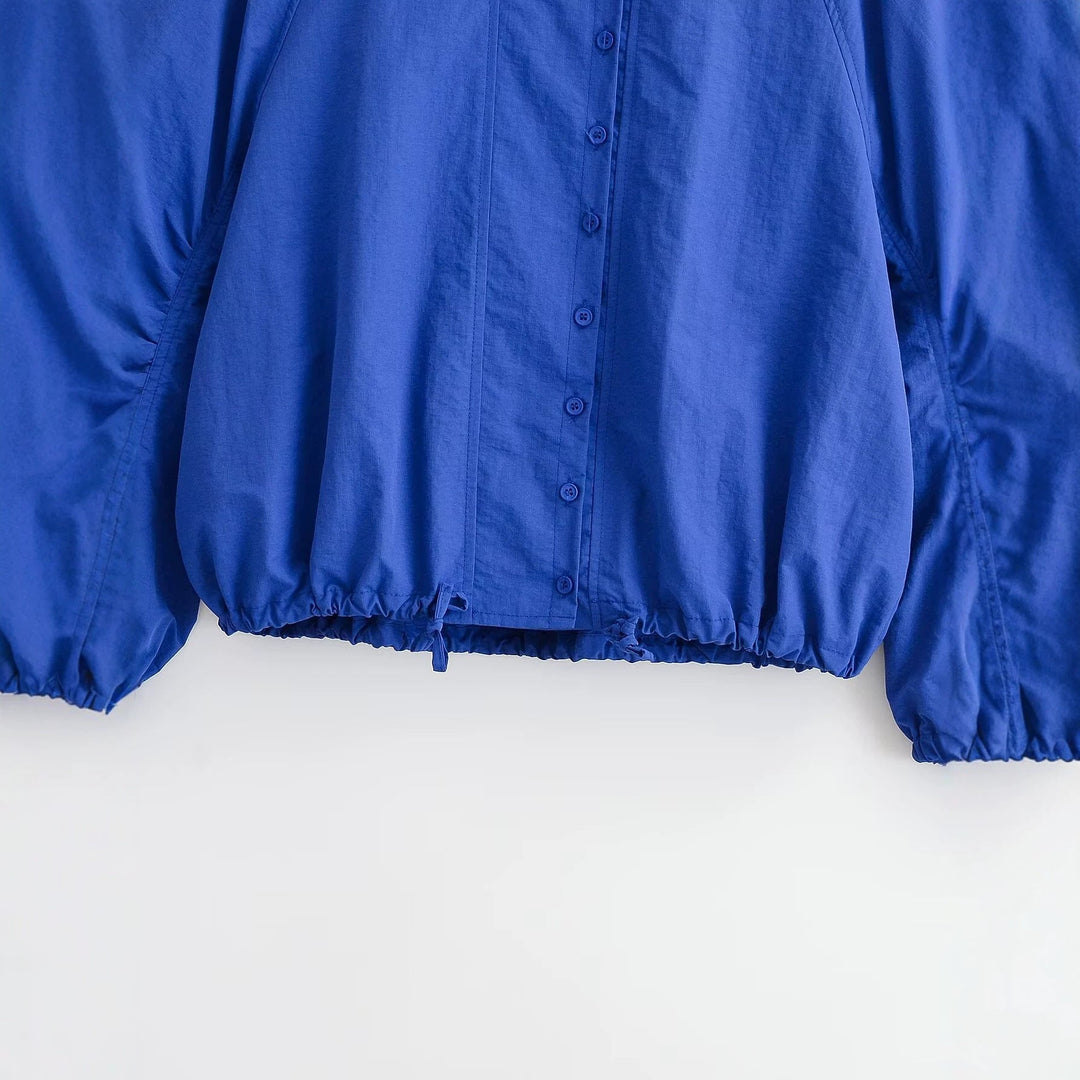 Dam Kort Windbreaker med Voluminous Balloon Ärmar och Stå Krage