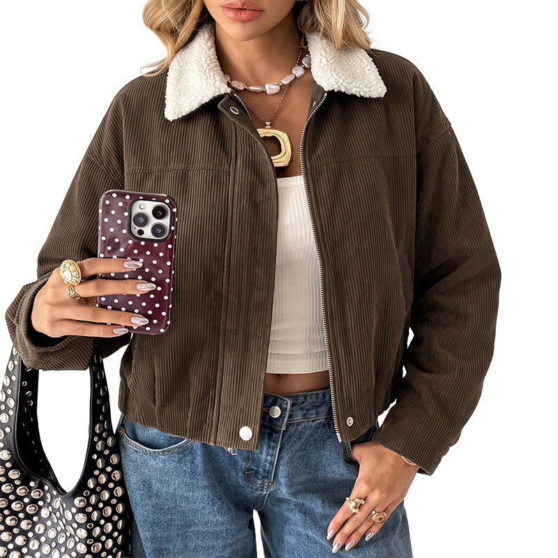 Dam Modern Cord Jacka med Fleece Krage