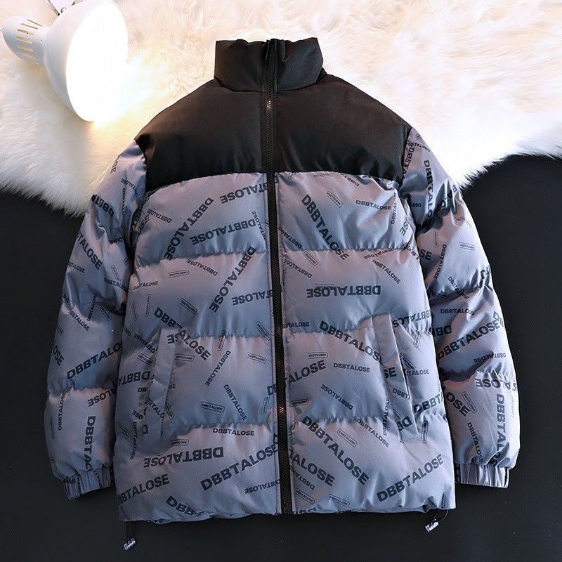 Unisex vadderad kviltad jacka med Allover Logo tryck, hög ståkrage &amp; justerbar fåll