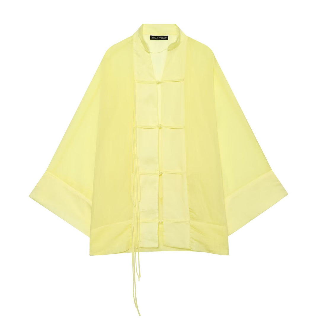 Dam Oversize Kimono Jacka med Dekorativ Knot och Lång Fringed Ribbons