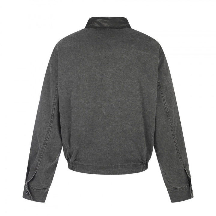 Herr short-cut bomber blouson jacka i vintage canvas med läder krage och midja belt