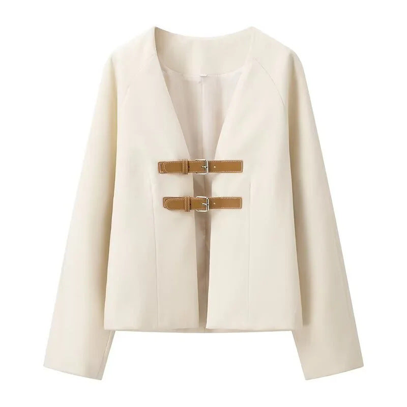 Dam cropped jacka med V-neck, double spännestängning, och boxy silhuett
