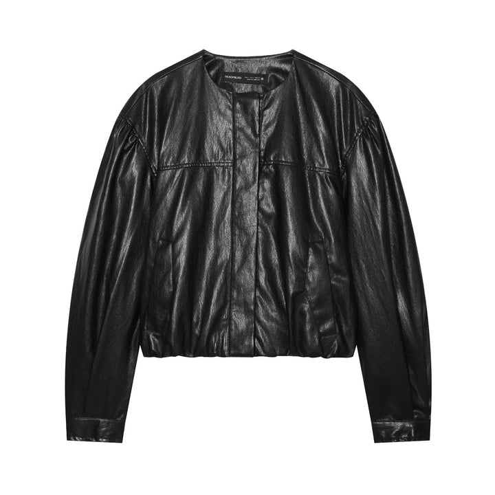 Dam Kort Blouson i Läderlook med Round Neck, Dold Tryckknapp Knapp Knäppning och Balloon Ärmar