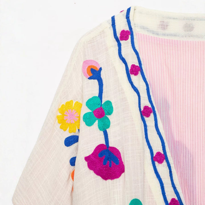 Dam Embroidered Kort Kimono med Blommig Stitching och Tie Belt